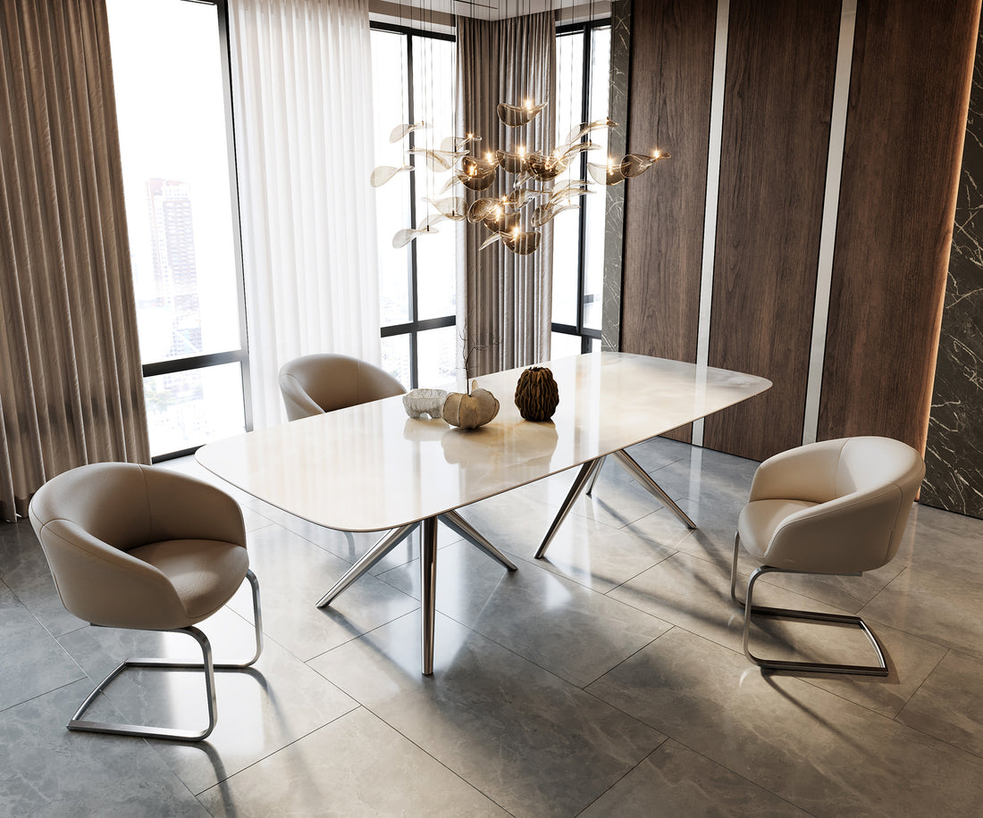 Dining Table Aurora Boat 270x120cm Ceramic Onice Grigio Pearl Stellar Frame Silver