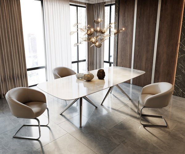 Dining Table Aurora Boat 270x120cm Ceramic Onice Grigio Pearl Stellar Frame Silver