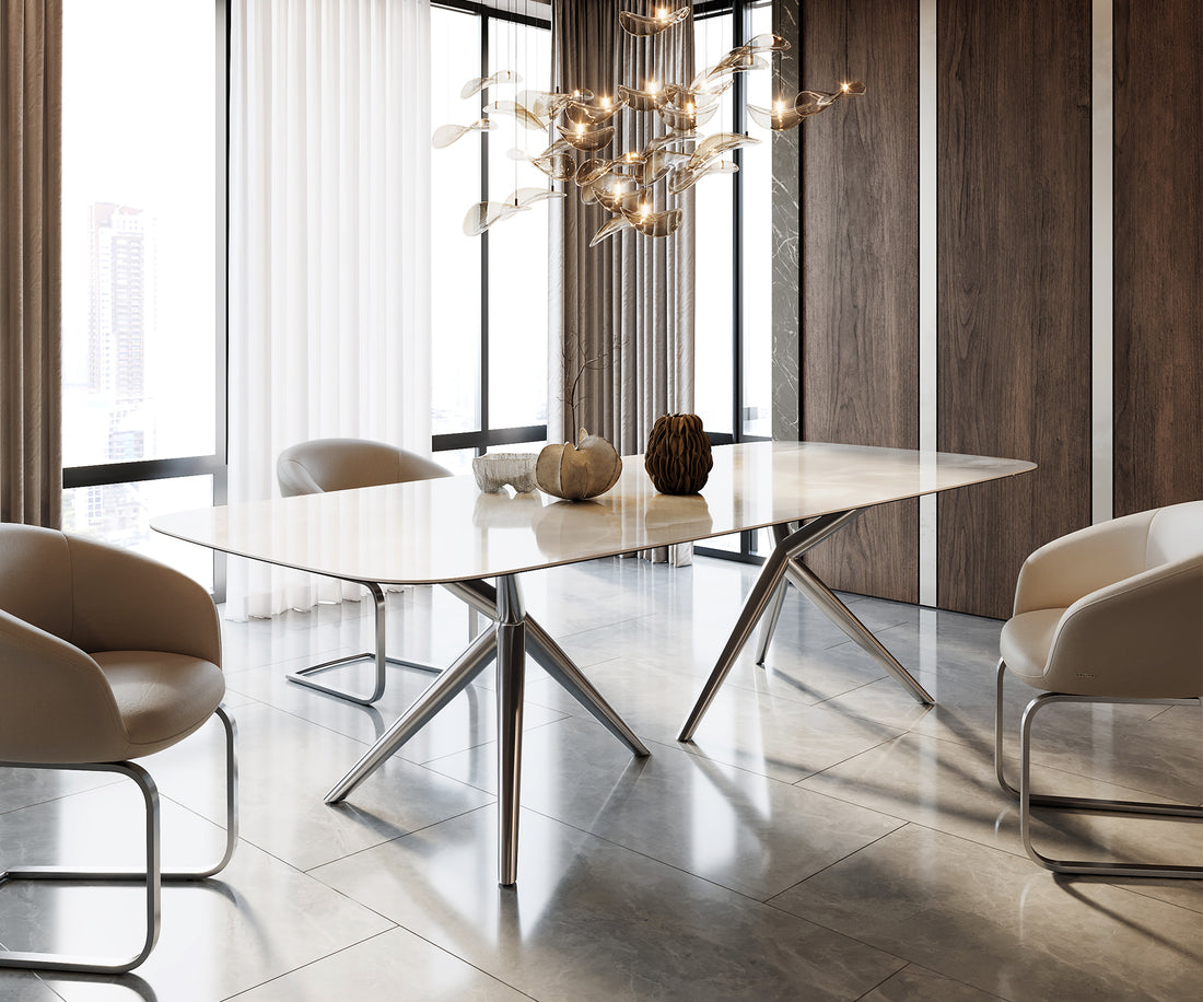 Dining Table Aurora Boat 270x120cm Ceramic Onice Grigio Pearl Stellar Frame Silver