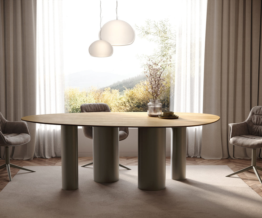 Dining Table Aurora Oval 220x120cm Ceramic Sabbia Oak-Look Four Pillars Frame Titanium