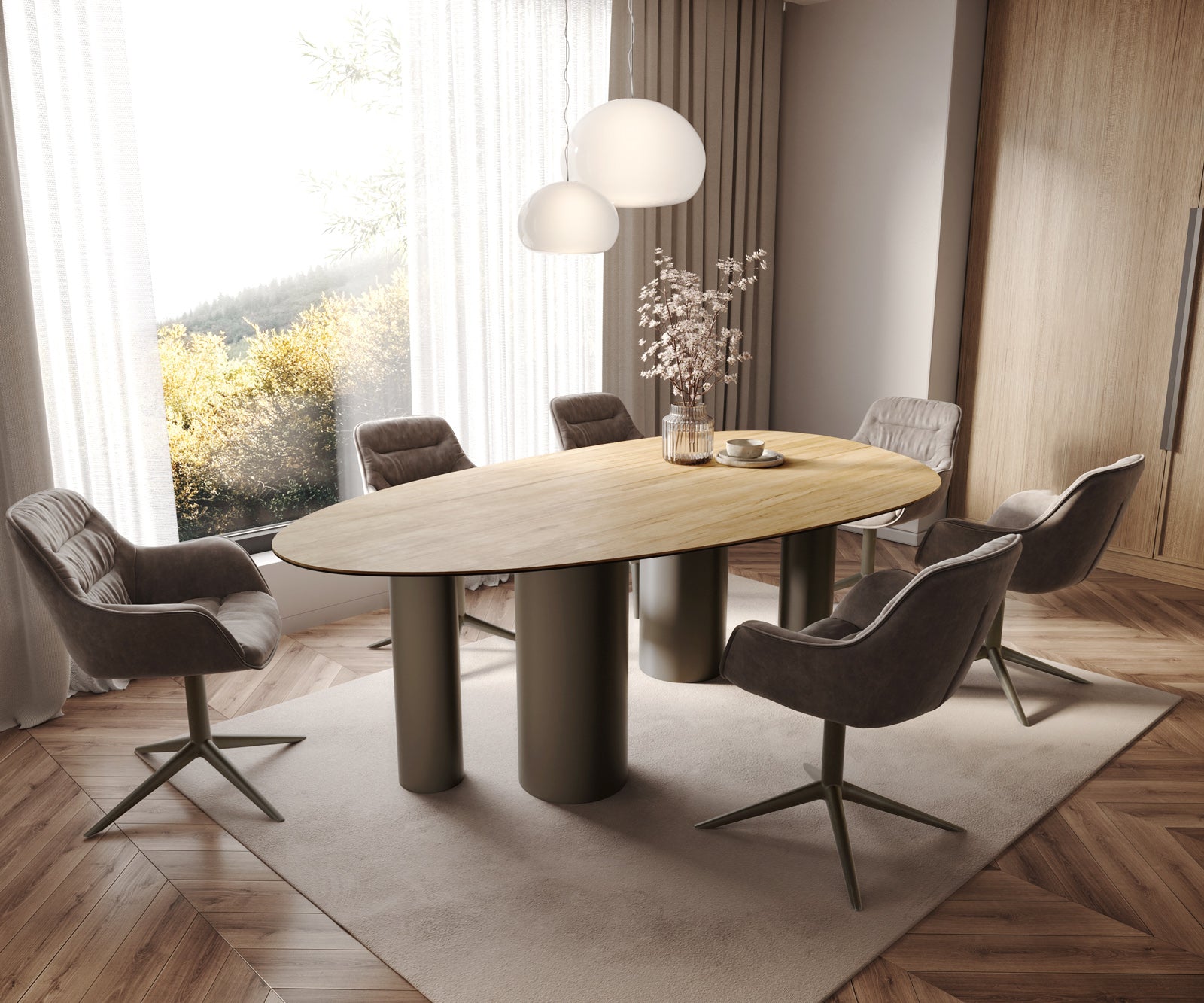 Dining Table Aurora Oval 220x120cm Ceramic Oak-Look Four Pillars Frame Titanium
