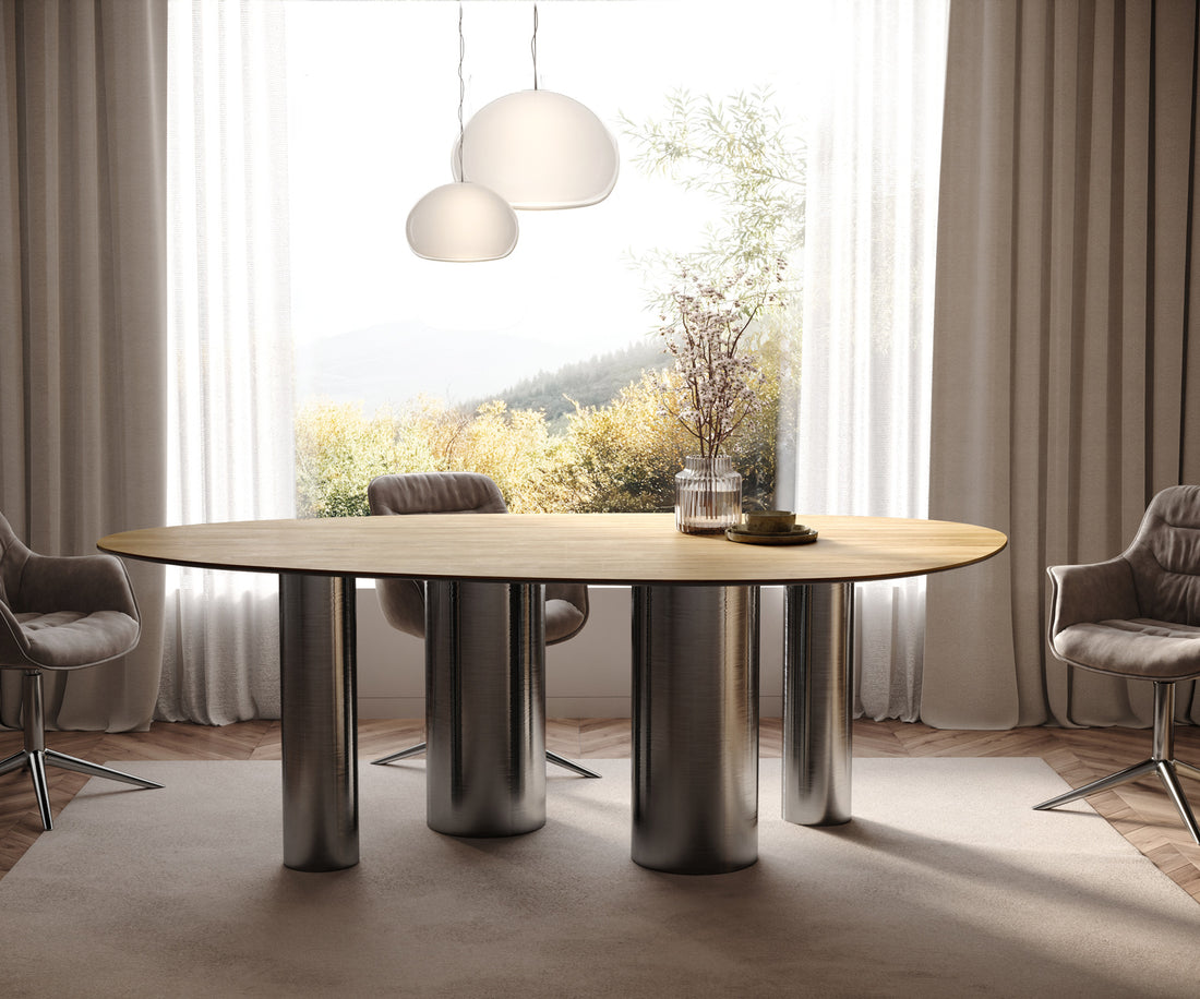 Dining Table Aurora Oval 220x120cm Ceramic Sabbia Oak-Look Four Pillars Frame Graphite