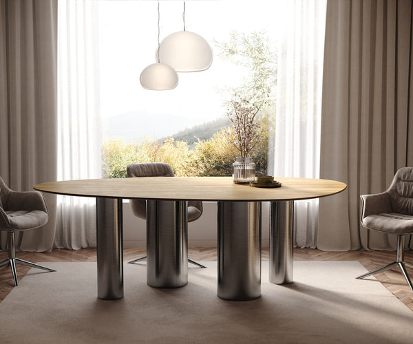 Dining Table Aurora Oval 220x120cm Ceramic Oak-Look Four Pillars Frame Graphite