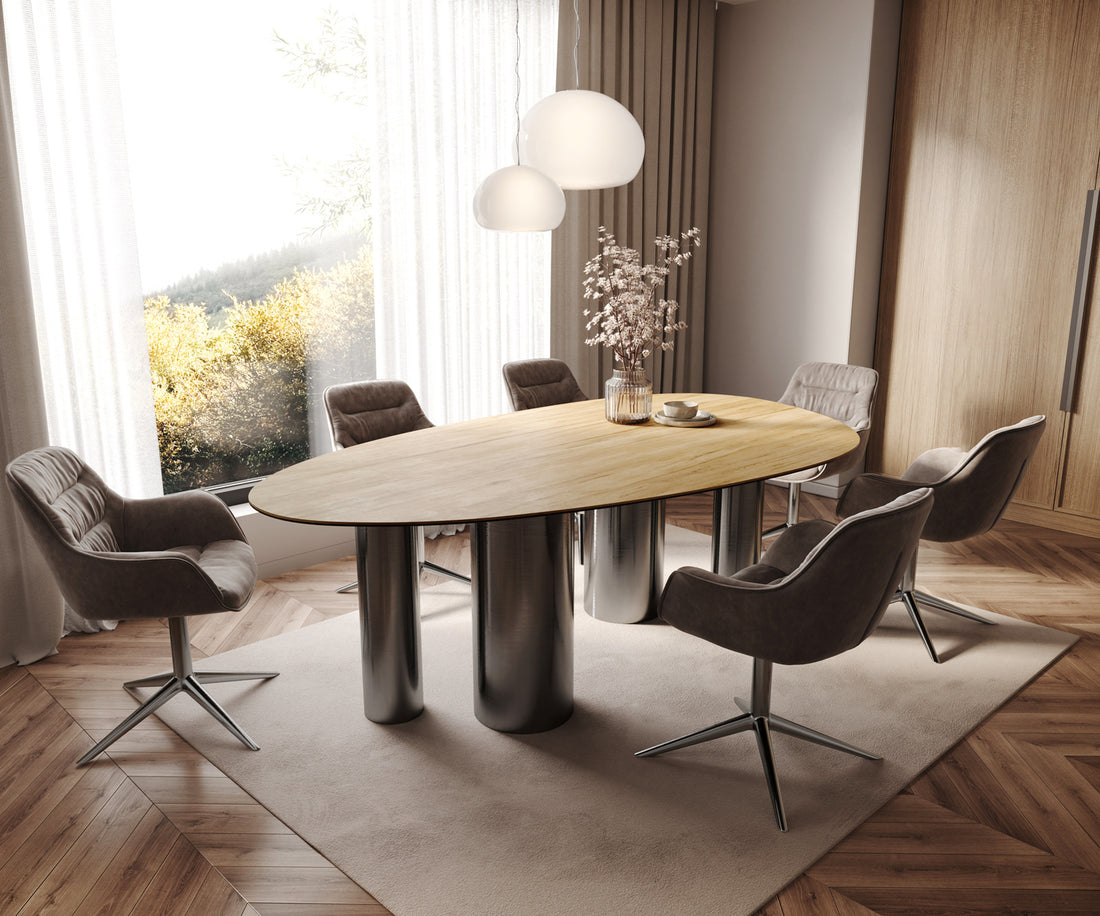 Dining Table Aurora Oval 220x120cm Ceramic Sabbia Oak-Look Four Pillars Frame Graphite