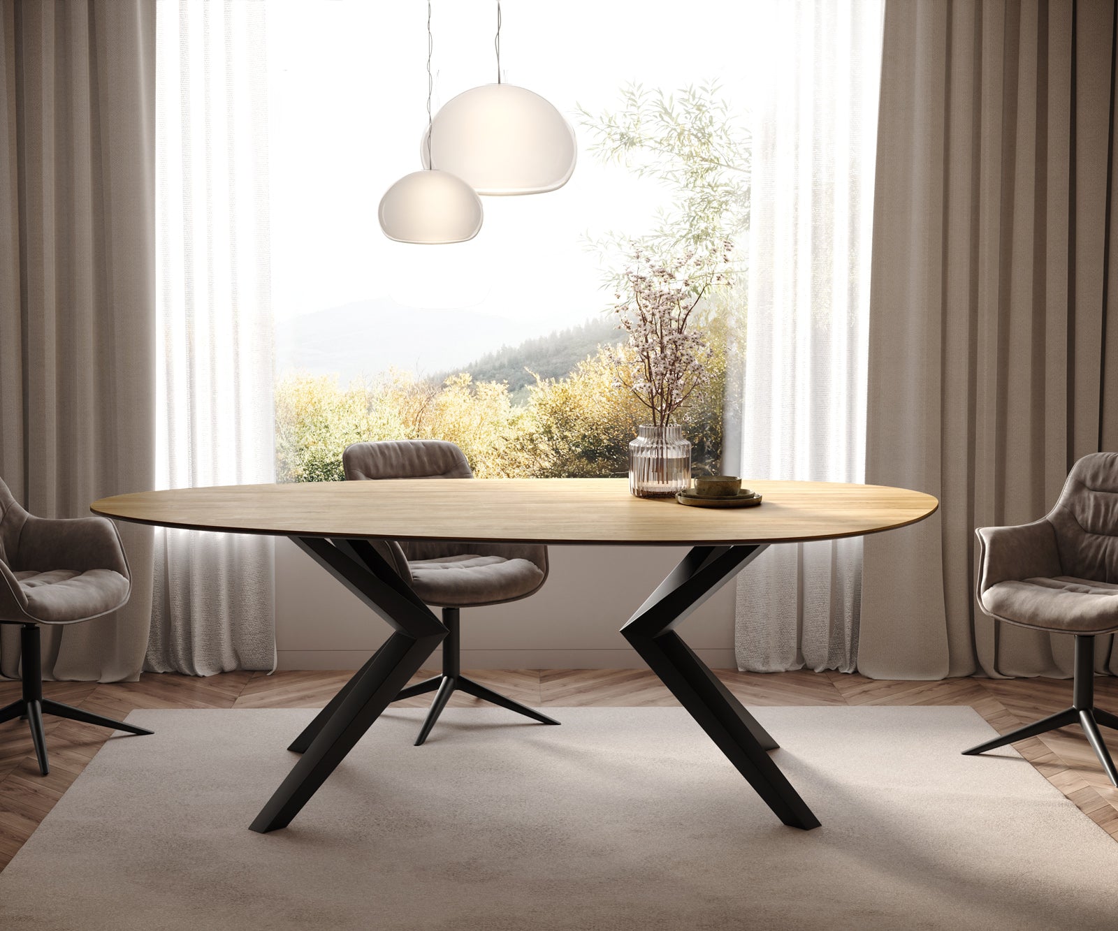 Dining Table Aurora Oval 220x120cm Ceramic Oak-Look Angled Frame Black