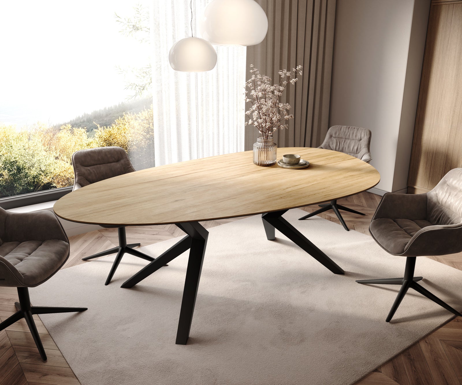 Dining Table Aurora Oval 220x120cm Ceramic Oak-Look Angled Frame Black
