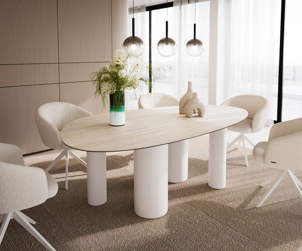 Dining Table Aurora Oval 220x120cm Ceramic Travertine Four Pillars Frame White