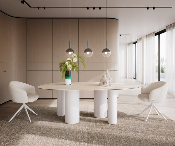 Dining Table Aurora Oval 220x120cm Ceramic Travertine Four Pillars Frame White