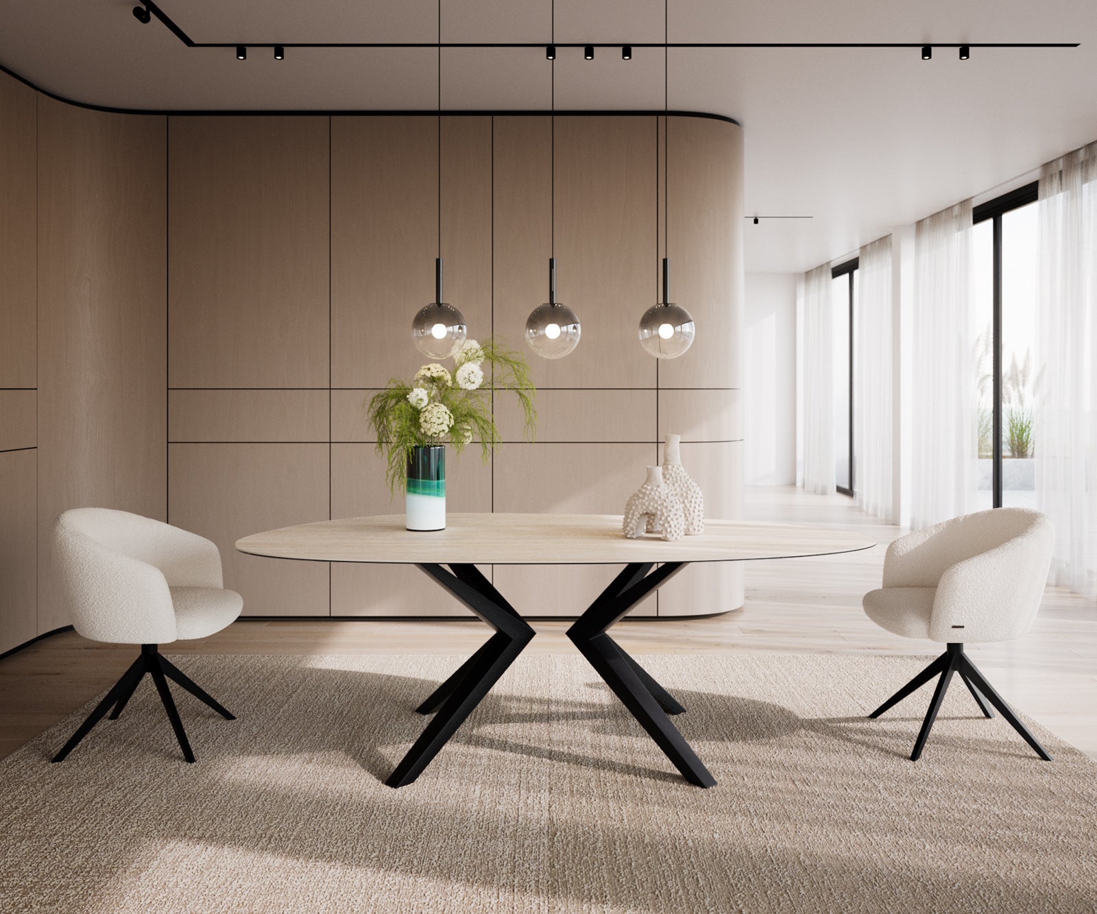 Dining Table Aurora Oval 220x120cm Ceramic Travertine Angled Frame Black