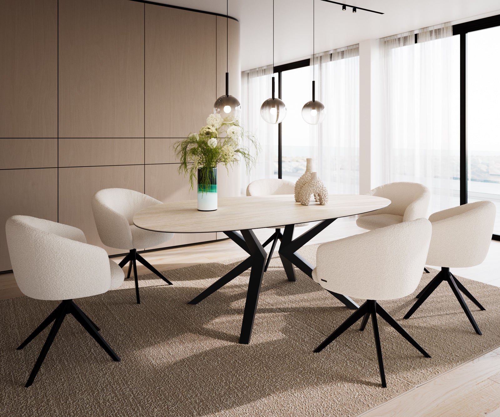 Dining Table Aurora Oval 220x120cm Ceramic Travertine Angled Frame Black