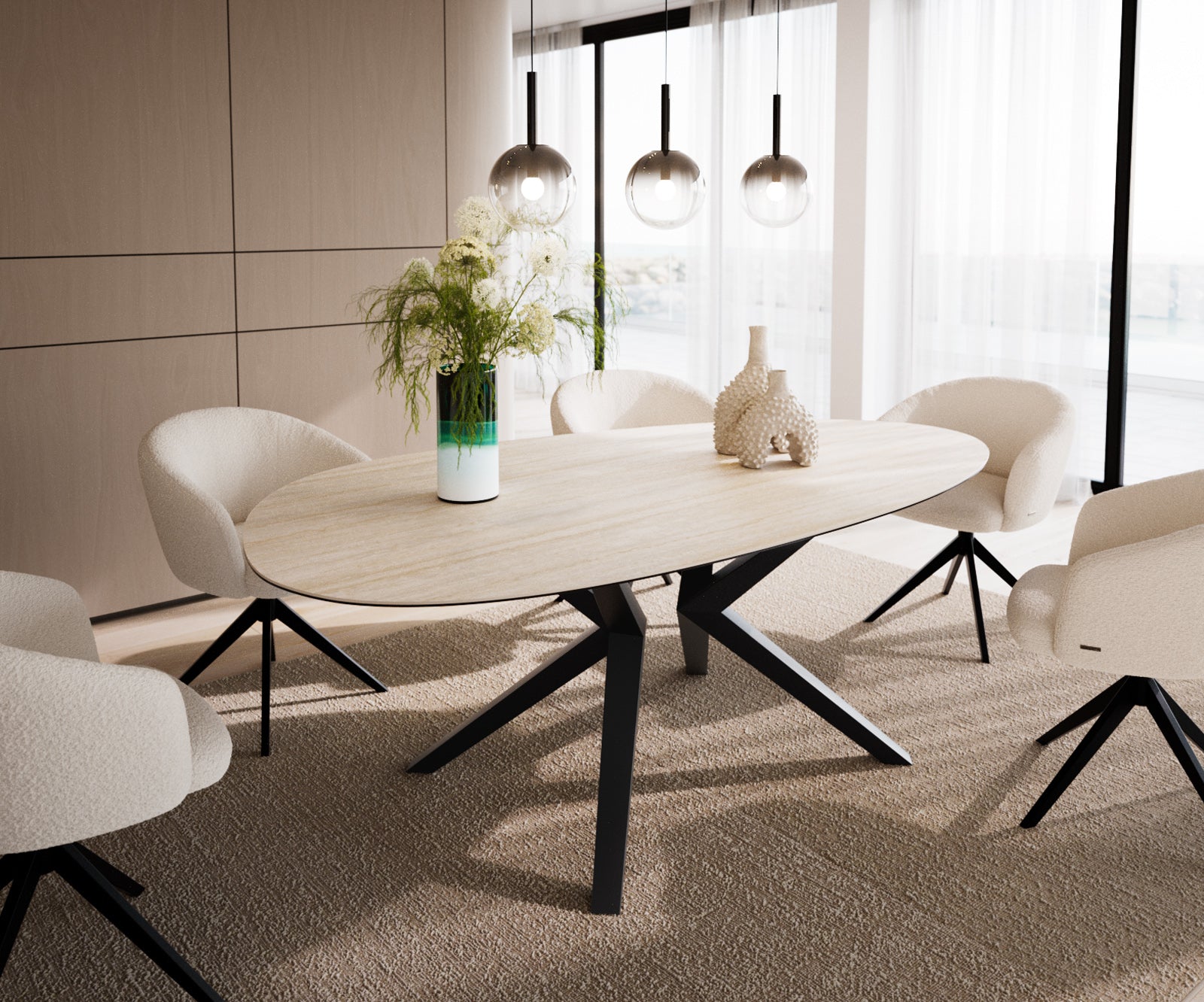 Dining Table Aurora Oval 220x120cm Ceramic Travertine Angled Frame Black