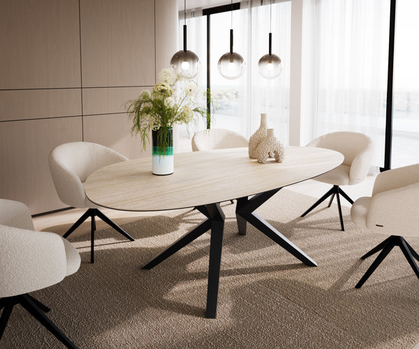 Dining Table Aurora Oval 220x120cm Ceramic Travertine Angled Frame Black