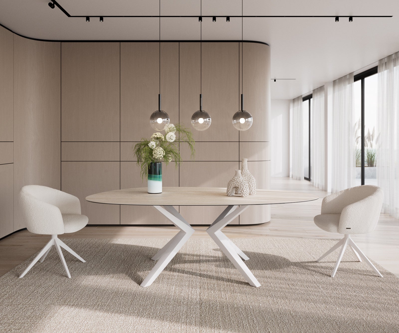 Dining Table Aurora Oval 220x120cm Ceramic Travertine Angled Frame White