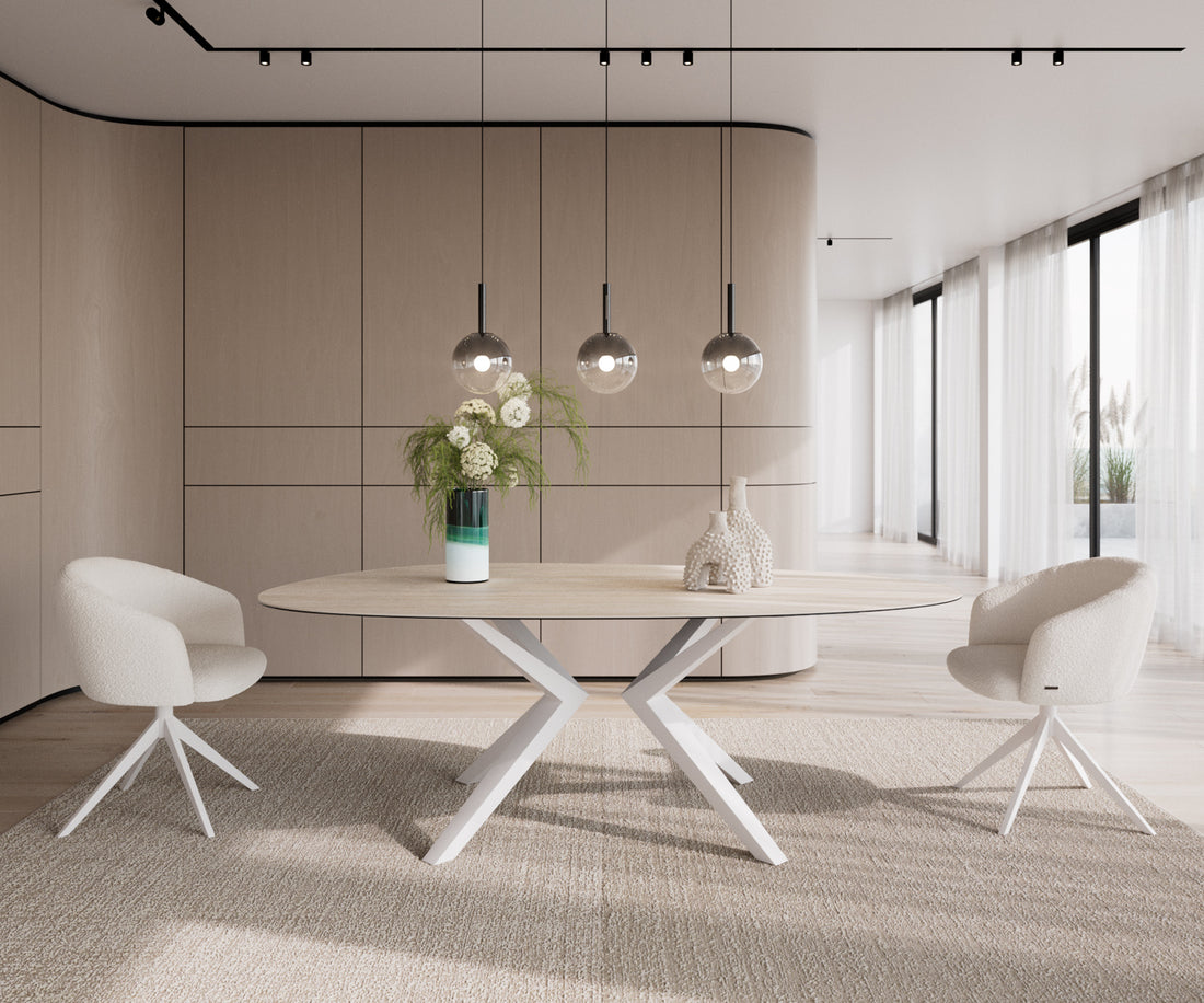 Dining Table Aurora Oval 220x120cm Ceramic Travertino Bianco Travertine Zenthara Frame White