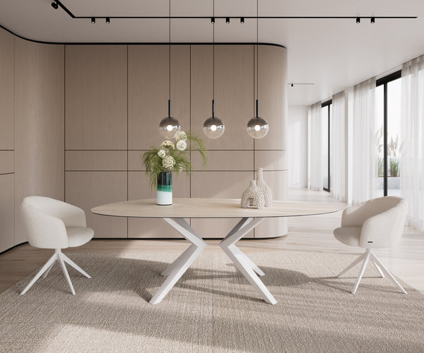Dining Table Aurora Oval 220x120cm Ceramic Travertine Angled Frame White