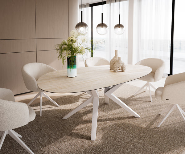 Dining Table Aurora Oval 220x120cm Ceramic Travertine Angled Frame White