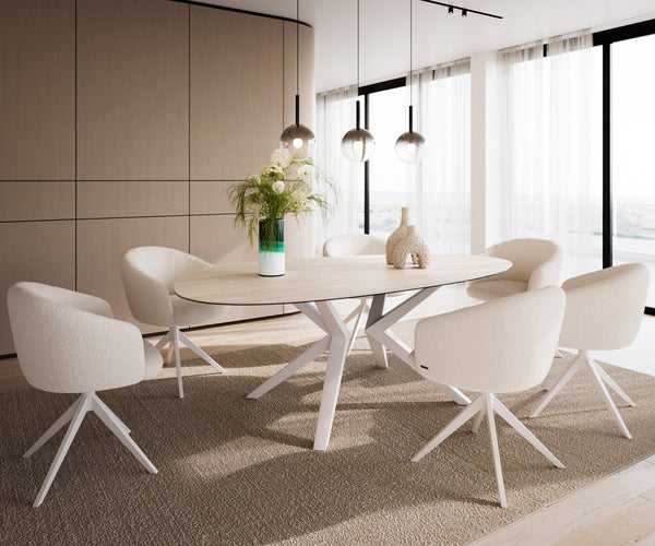 Dining Table Aurora Oval 220x120cm Ceramic Travertine Angled Frame White