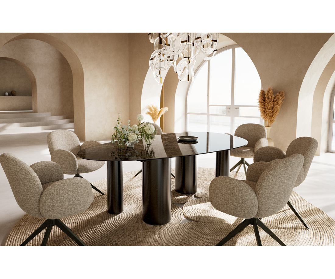 Dining Table Aurora Oval 220x120cm Ceramic Emperador Extra Lucidato Dark Brown Four Pillars Frame Graphite
