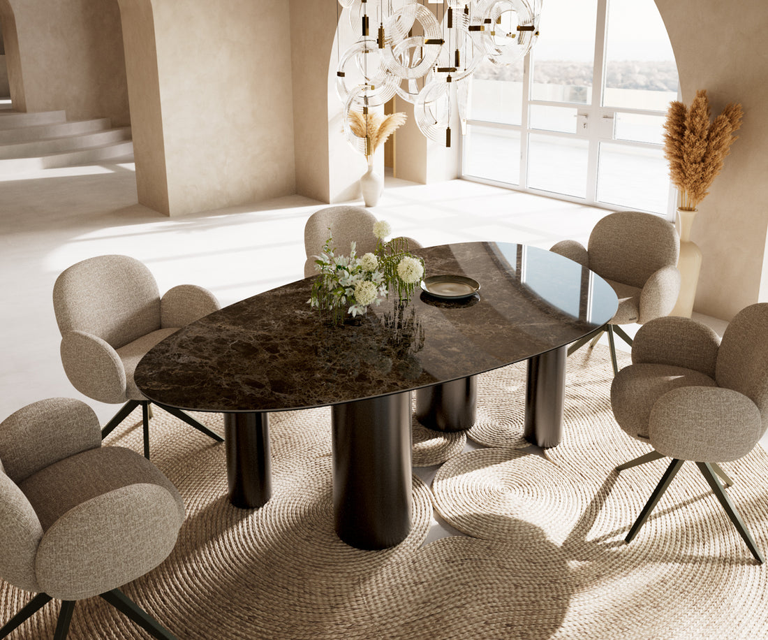 Dining Table Aurora Oval 220x120cm Ceramic Emperador Extra Lucidato Dark Brown Four Pillars Frame Graphite