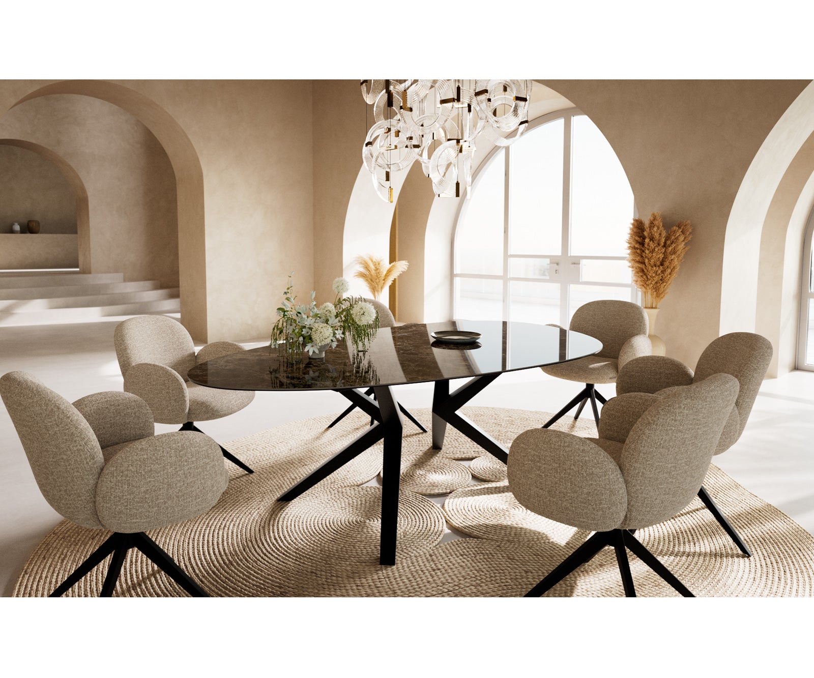 Dining Table Aurora Oval 220x120cm Ceramic Dark Brown Angular Frame Black