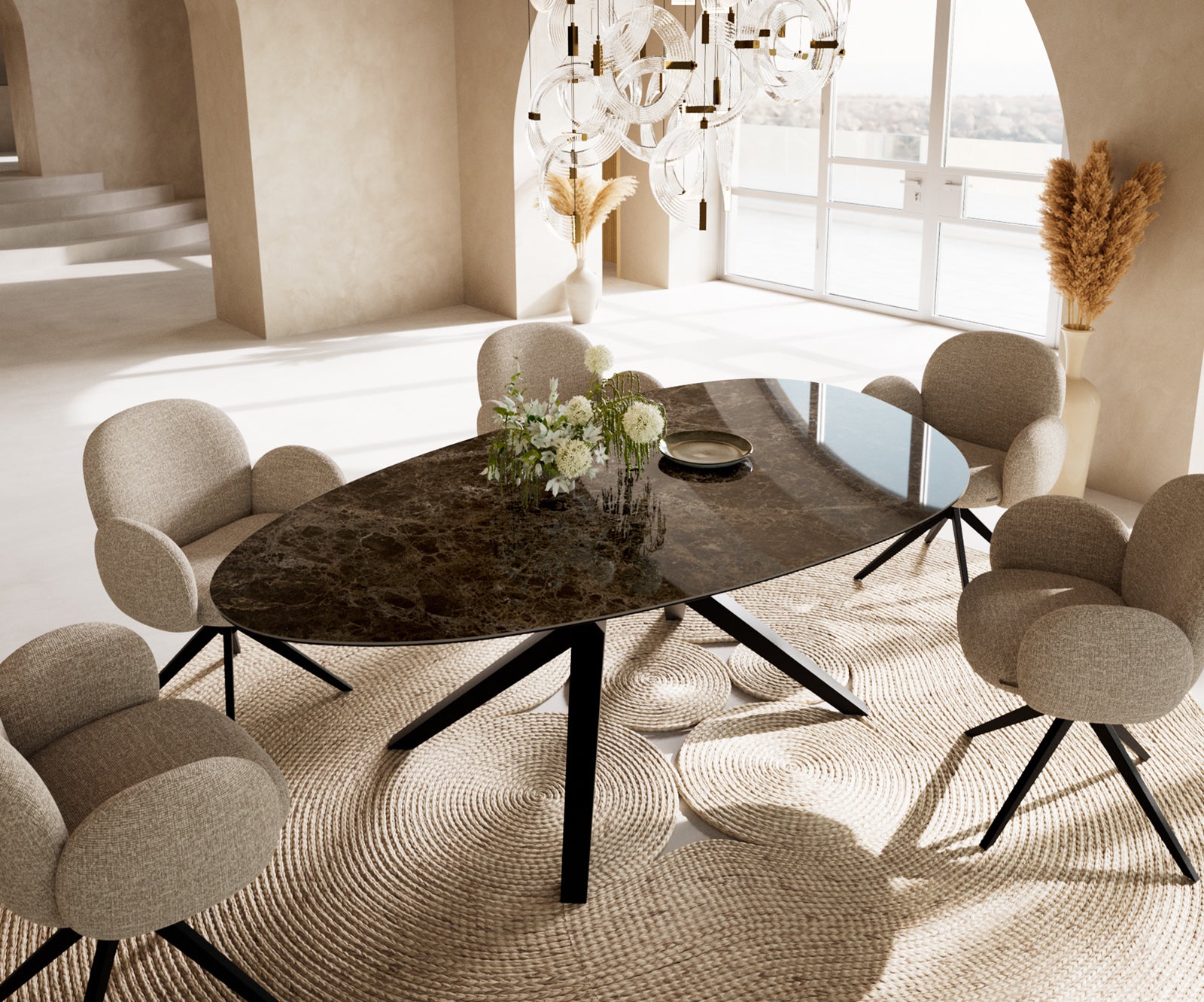 Dining Table Aurora Oval 220x120cm Ceramic Dark Brown Angular Frame Black