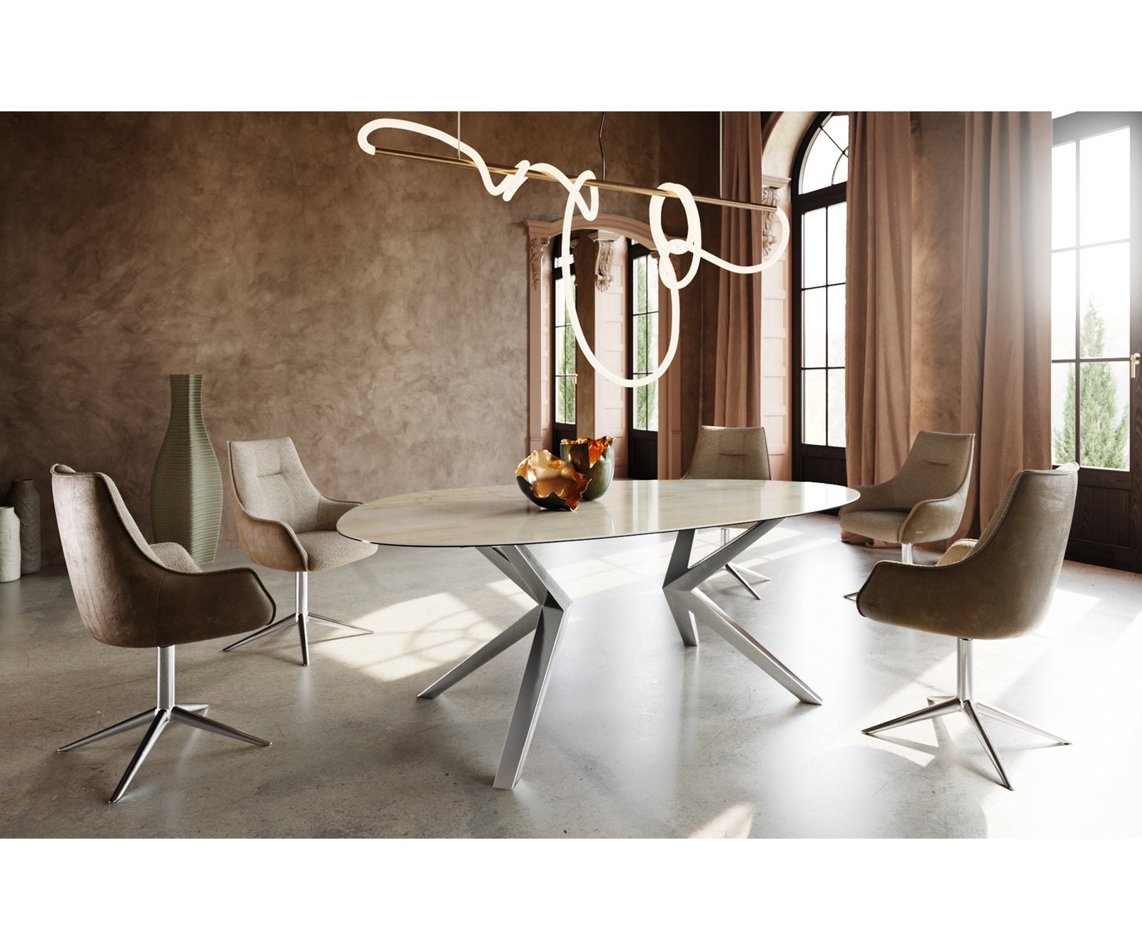 Dining Table Aurora Oval 220cm Ceramic Onice Oro Beige Zenthara Frame Silver
