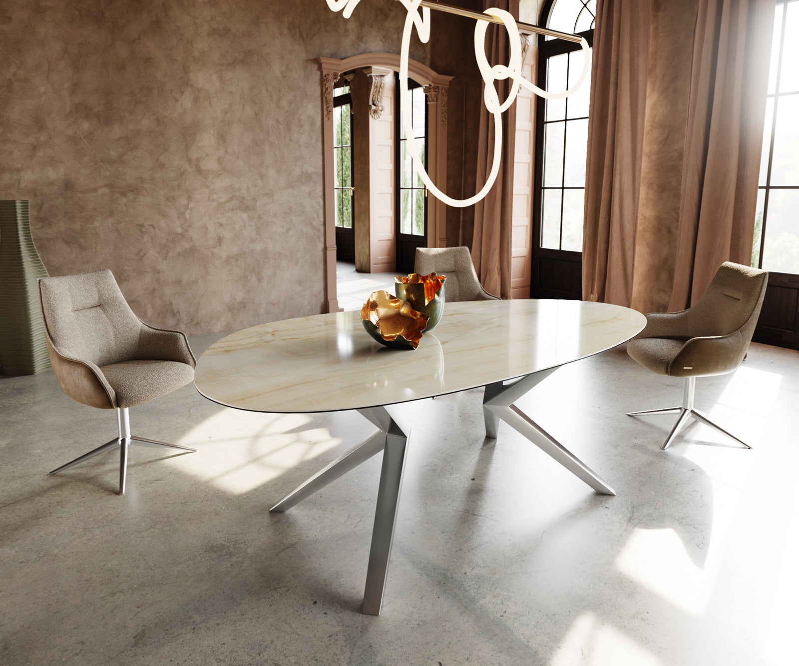 Dining Table Aurora Oval 220cm Ceramic Onice Oro Beige Zenthara Frame Silver