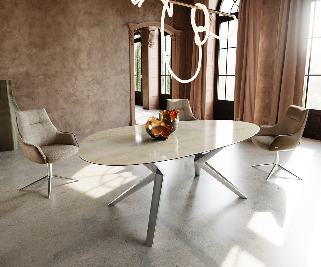 Dining Table Aurora Oval 220cm Ceramic Onice Oro Beige Zenthara Frame Silver