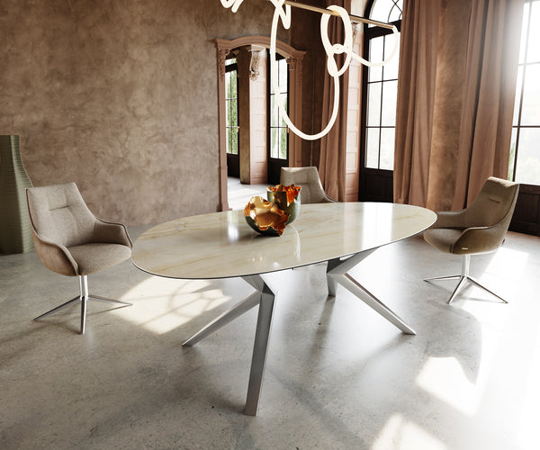 Dining Table Aurora Oval 220cm Ceramic Onice Oro Beige Zenthara Frame Silver