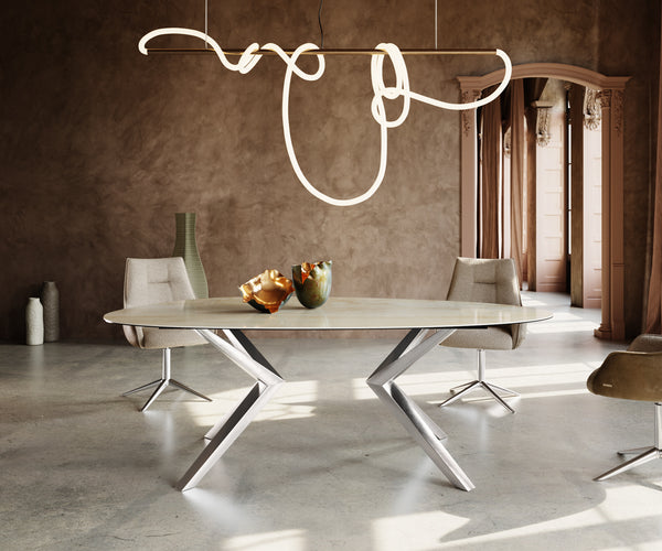 Dining Table Aurora Oval 220cm Ceramic Onice Oro Beige Zenthara Frame Silver