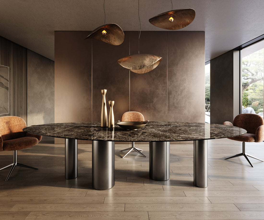 Dining Table Aurora Oval 315x150cm Ceramic Emperador Extra Lucidato Dark Brown Four Pillars Frame Graphite
