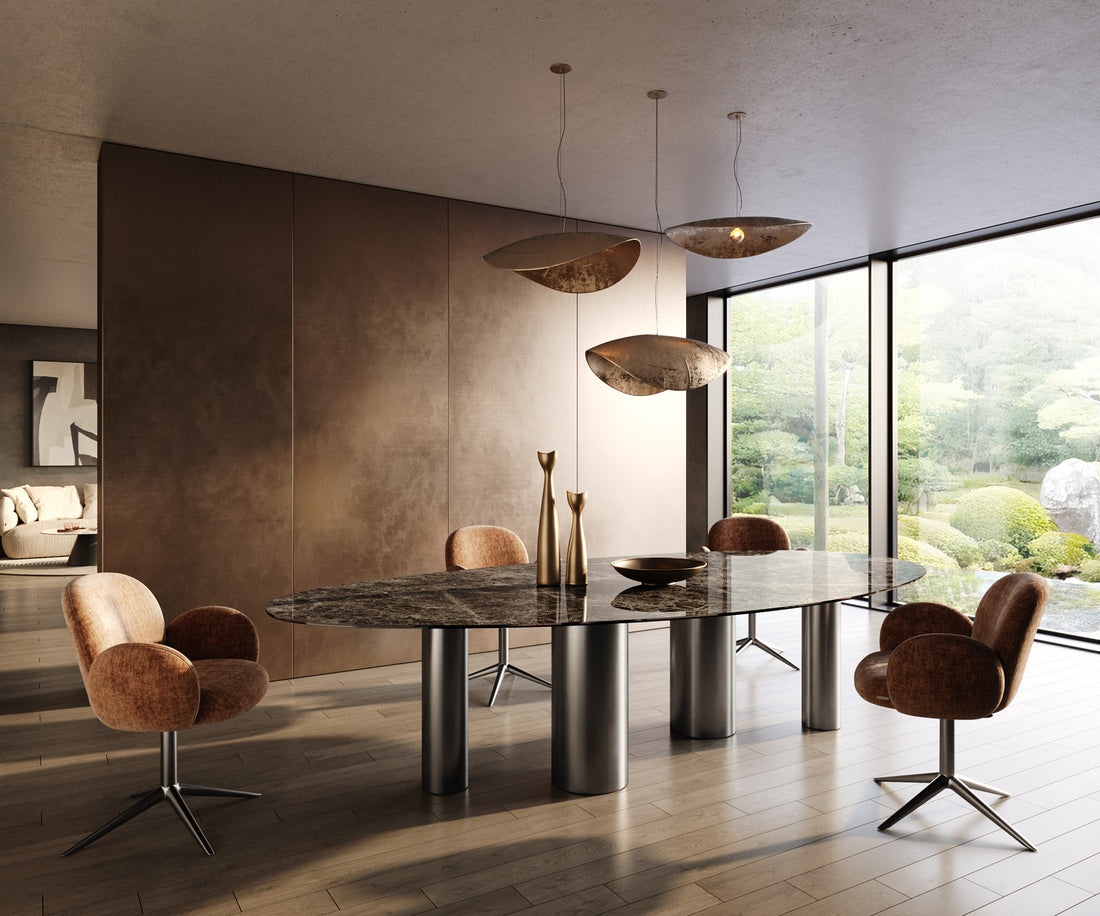 Dining Table Aurora Oval 315x150cm Ceramic Emperador Extra Lucidato Dark Brown Four Pillars Frame Graphite