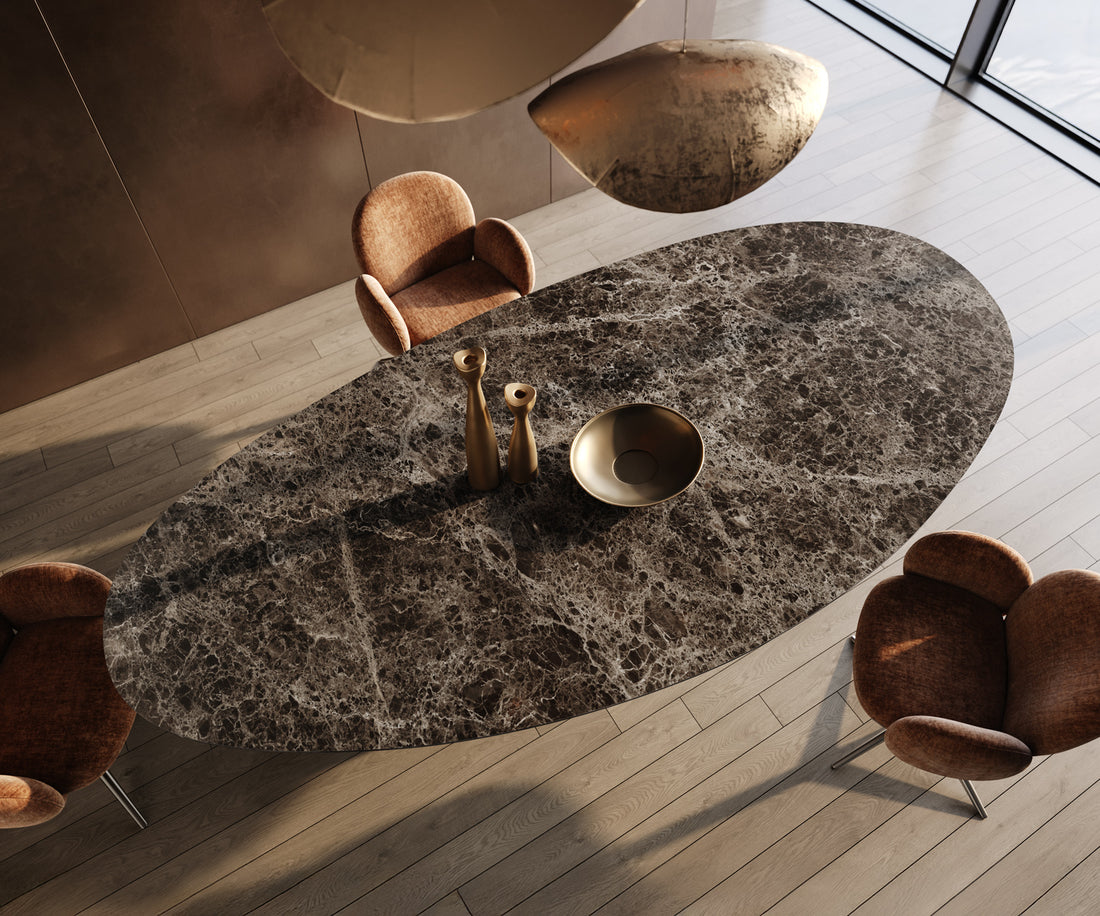 Dining Table Aurora Oval 315x150cm Ceramic Emperador Extra Lucidato Dark Brown Four Pillars Frame Graphite
