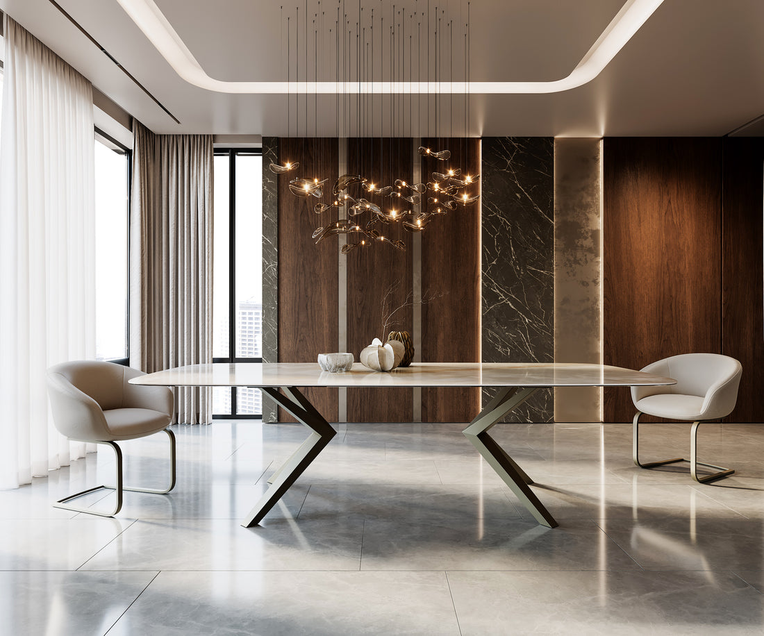 Dining Table Aurora Boat 270x120cm Ceramic Onice Grigio Pearl Zenthara Frame Titanium