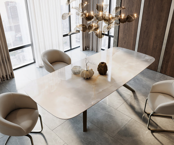 Dining Table Aurora Boat 270x120cm Ceramic Onice Grigio Pearl Zenthara Frame Titanium