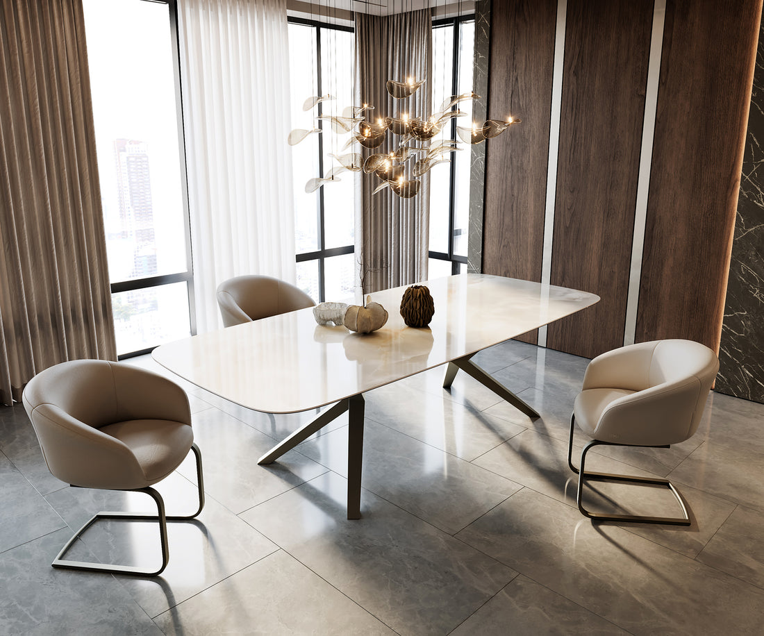 Dining Table Aurora Boat 270x120cm Ceramic Onice Grigio Pearl Zenthara Frame Titanium