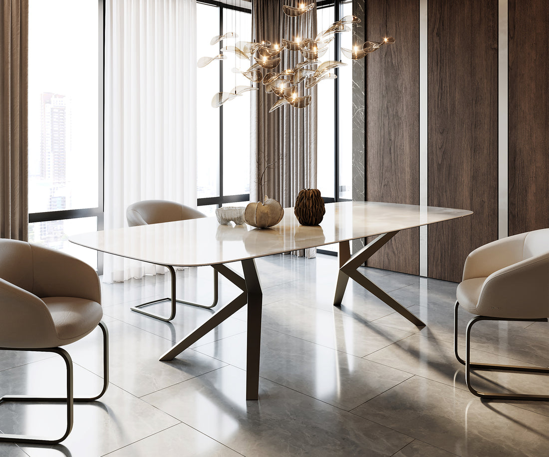 Dining Table Aurora Boat 270x120cm Ceramic Onice Grigio Pearl Zenthara Frame Titanium