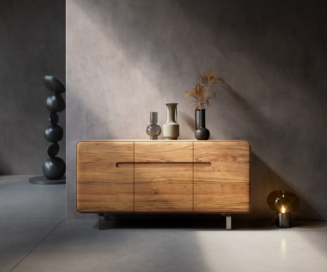 Sideboard Anaya 145cm Acacia Wood Natural 3 Doors L-Feet Silver