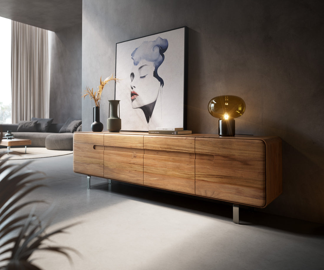 TV Stand Anaya 200cm Acacia Wood Natural 4 Doors L-Feet Silver