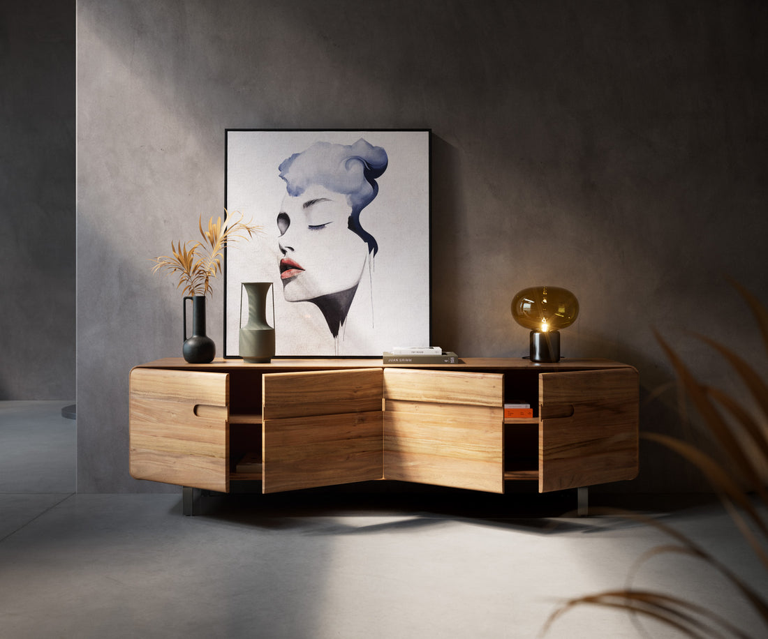 TV Stand Anaya 200cm Acacia Wood Natural 4 Doors L-Feet Silver