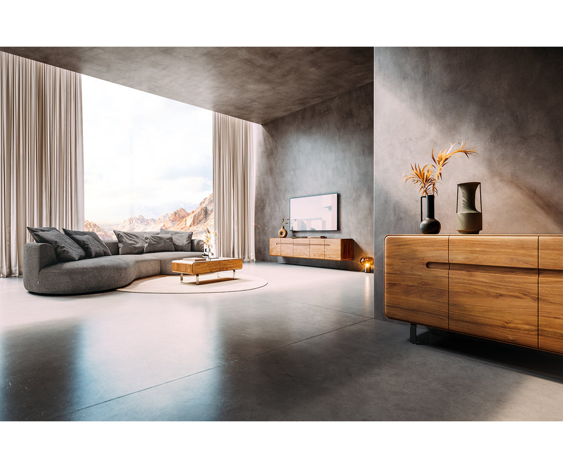 TV Stand Anaya 220cm Acacia Wood Natural 4 Doors 2 Drawers L-Feet Silver