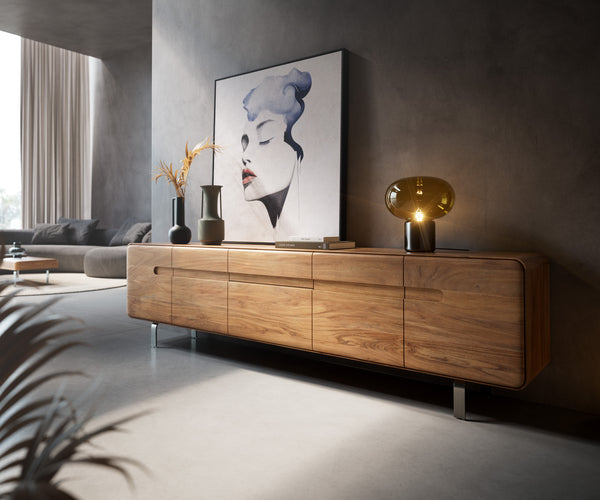 TV Stand Anaya 220cm Acacia Wood Natural 4 Doors 2 Drawers L-Feet Silver