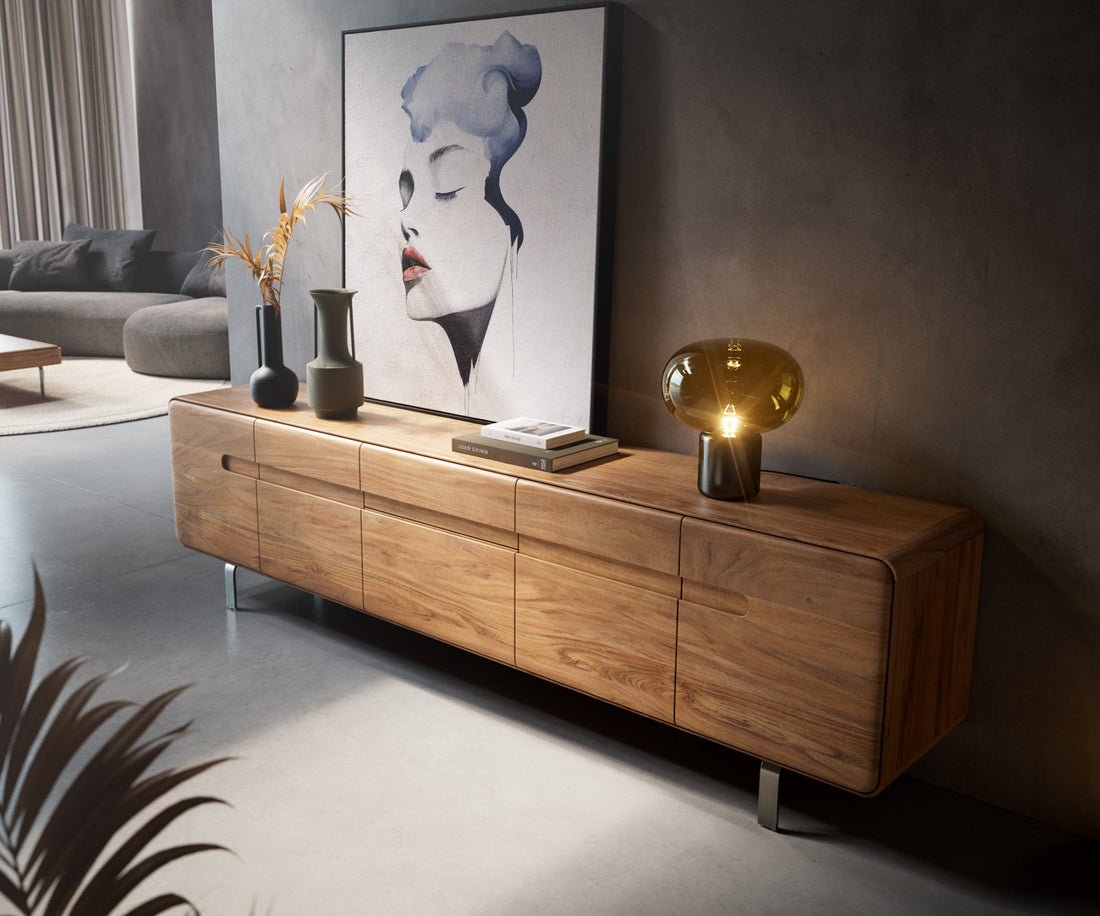 TV Stand Anaya 220cm Acacia Wood Natural 4 Doors 2 Drawers L-Feet Silver