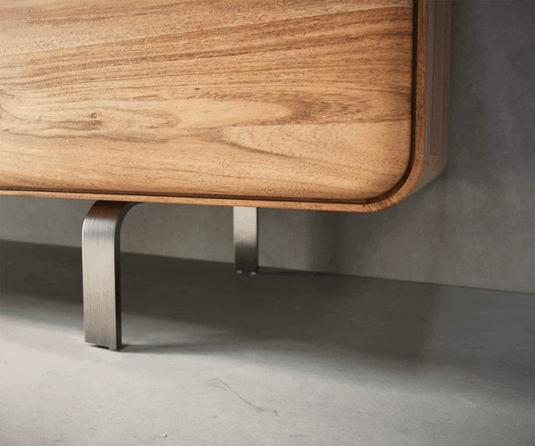 TV Stand Anaya 220cm Acacia Wood Natural 4 Doors 2 Drawers L-Feet Silver