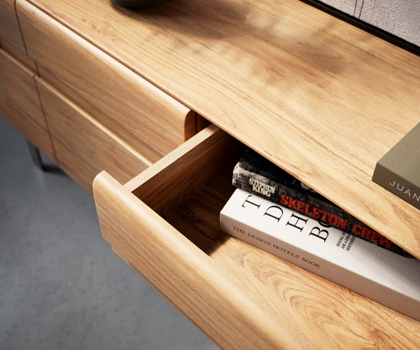 TV Stand Anaya 220cm Acacia Wood Natural 4 Doors 2 Drawers L-Feet Silver