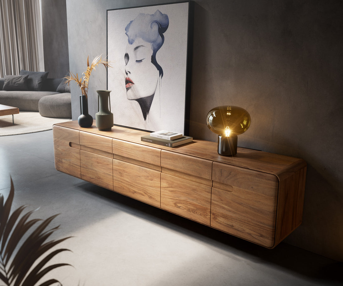 Floating TV Stand Anaya 220cm Acacia Wood Natural 4 Doors 2 Drawers