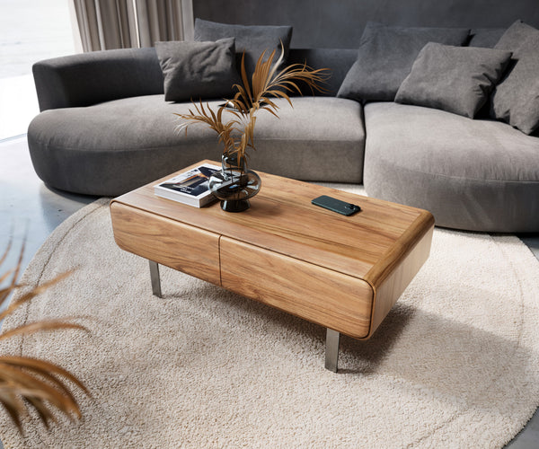 Coffee Table Anaya 100x50cm Acacia Wood Natural 2 Drawers L-Feet Silver