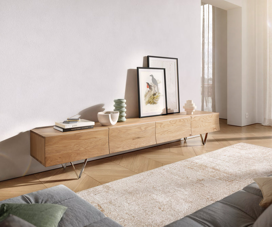 TV Stand Wyatt 220cm Oak Wood Natural V-Feet Silver