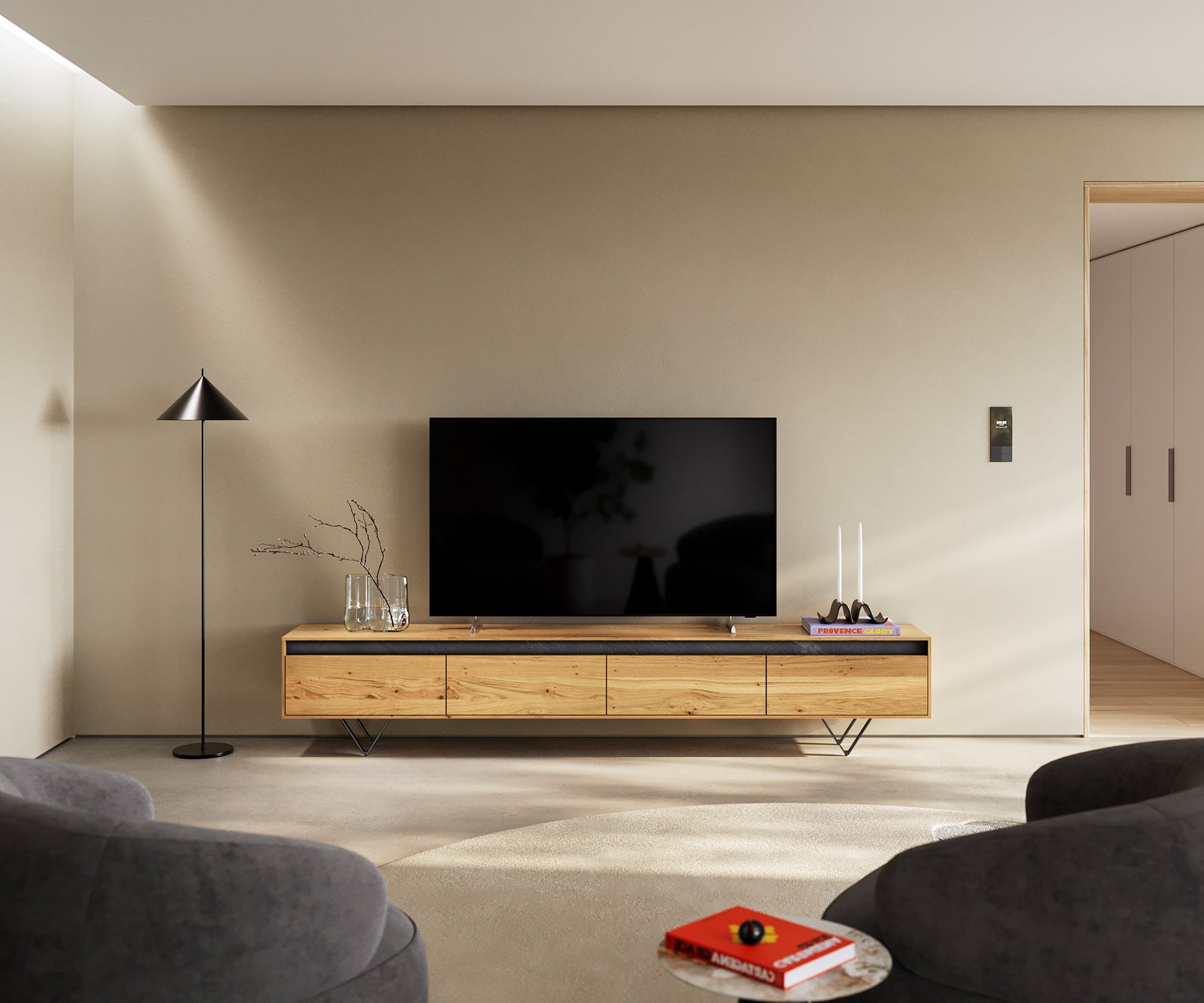 TV Stand Stonegrace 240cm Oak Wood Natural 4 Doors Stone Veneer V-Foot Metal Black