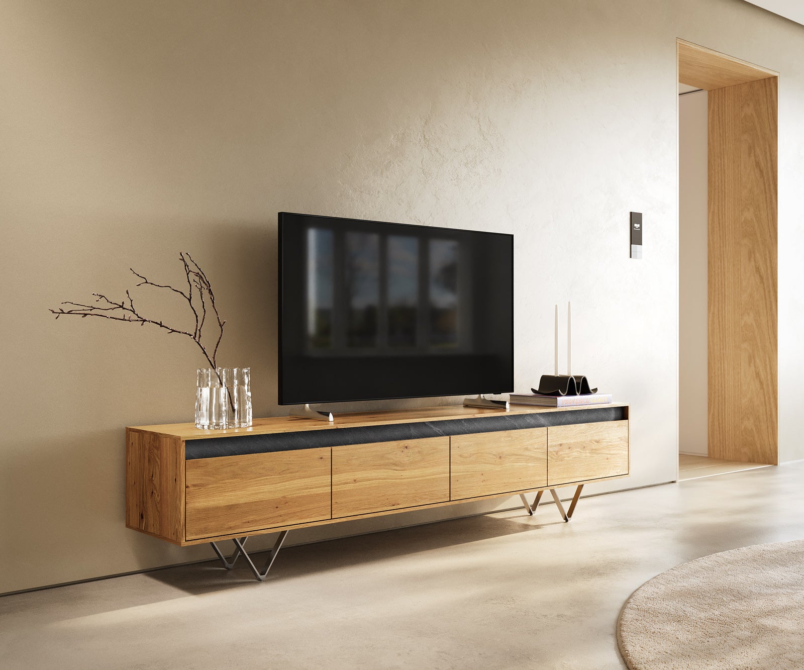 TV Stand Stonegrace 200cm Oak Wood Natural 4 Drawers Stone Veneer V-Foot Metal Silver